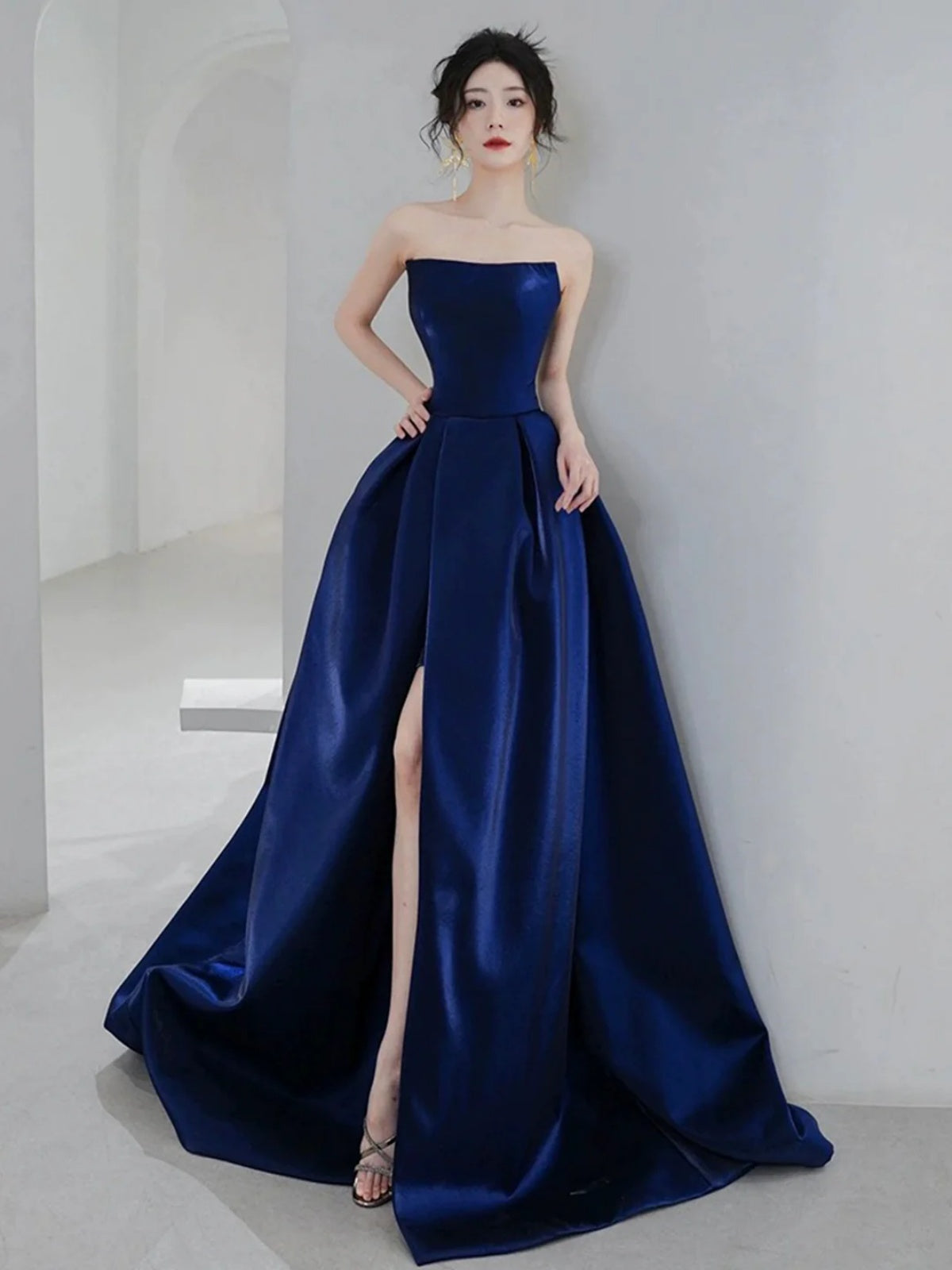Strapless Blue Satin Long Prom Dresses, Blue Satin Long Formal Graduation Dresses, US 8 / Blue as Pics / No Rush Strapless Blue Satin Long Prom Dresses, Blue Satin Long Formal Graduation Dresses, US 8 / Blue as Pics / No Rush