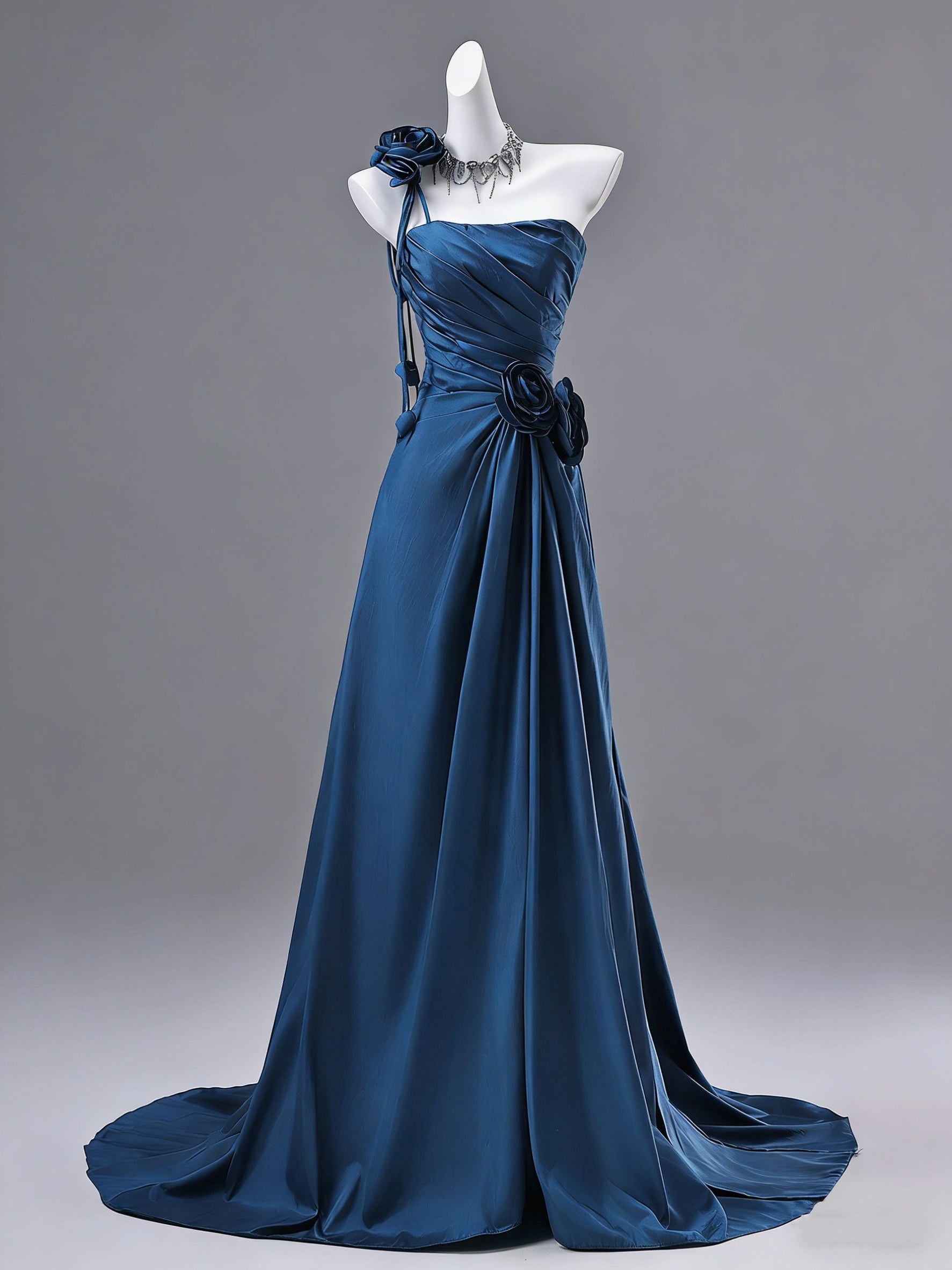 Strapless Blue Satin Long Prom Dresses, Peacock Blue Long Satin Formal Dresses