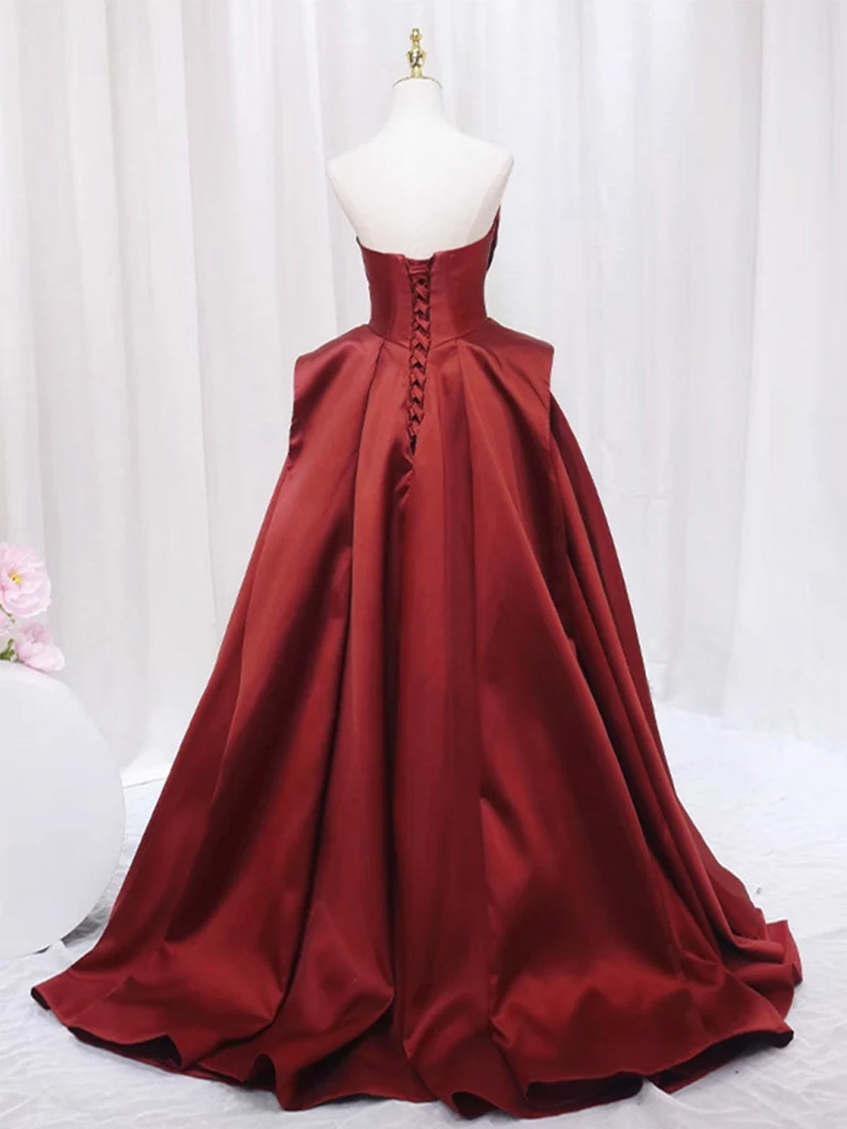 Strapless Burgundy Long Satin Prom Dresses, Wine Red Long Satin Formal