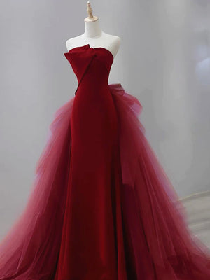 Strapless Burgundy Mermaid Long Prom Dresses, Wine Red Mermaid Long Formal Evening Dresses