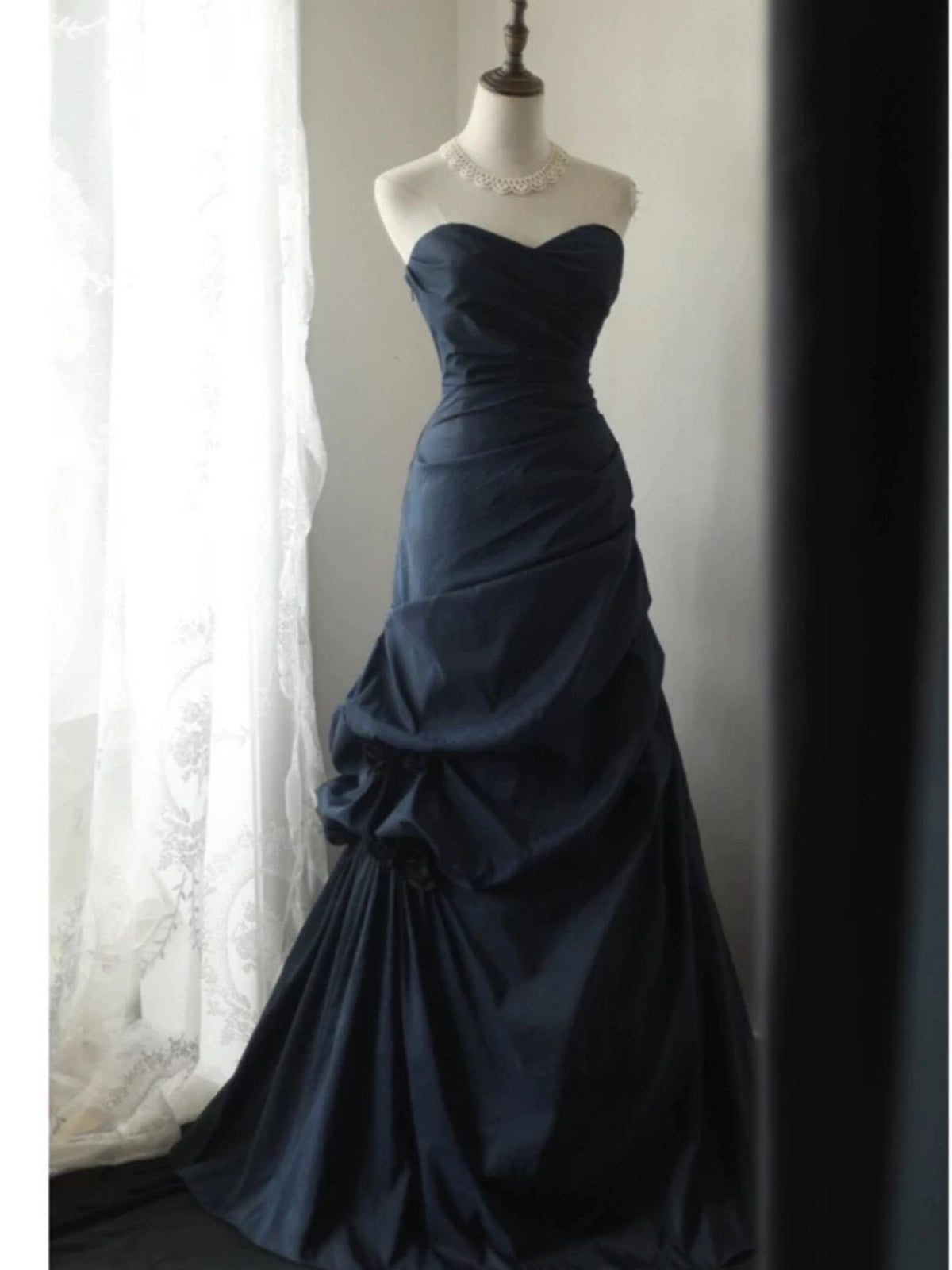 Strapless Dark Navy Blue Mermaid Long Prom Dresses, Dark Blue Mermaid Long Formal Dresses