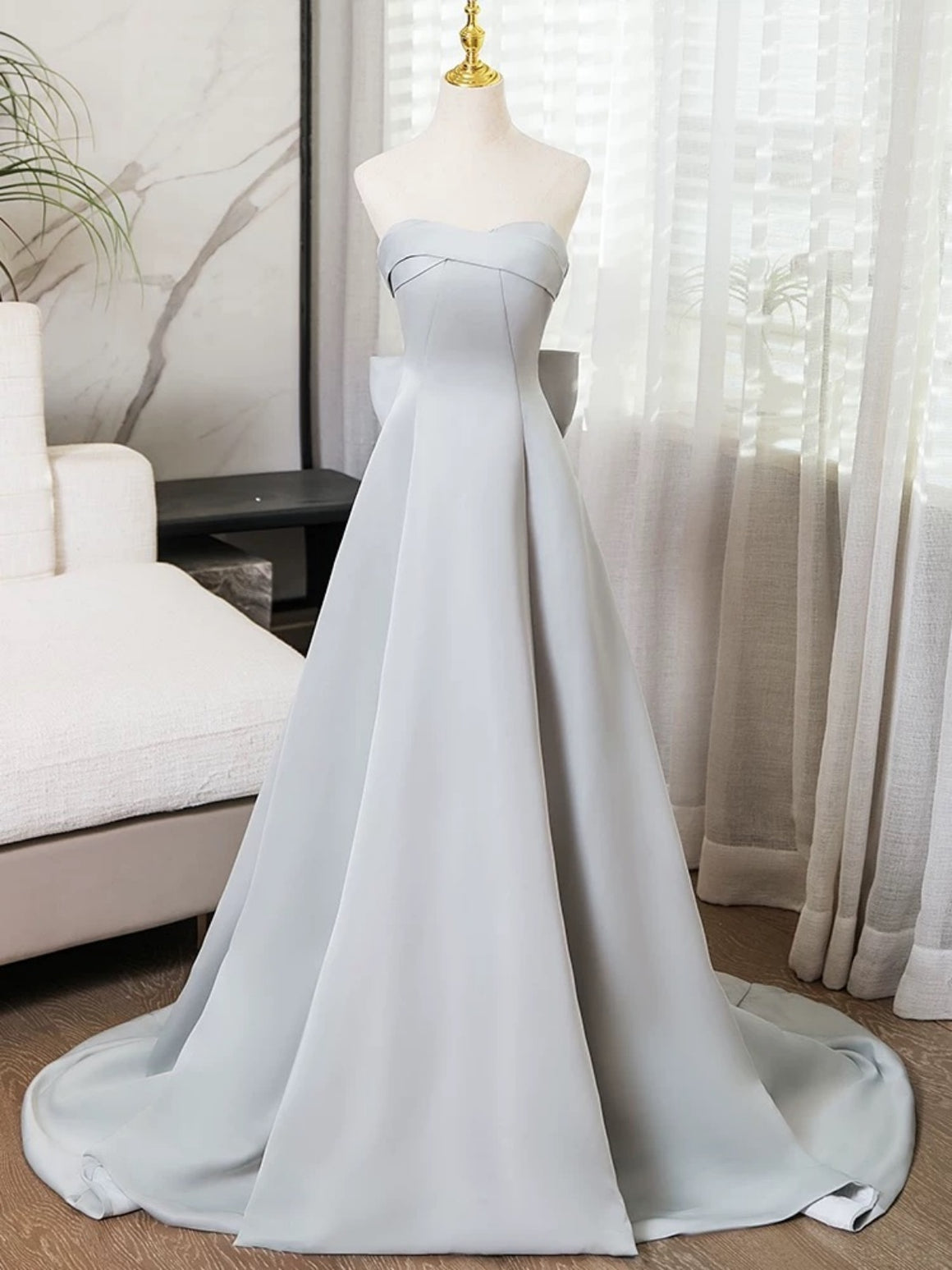 Strapless Gray Satin Long Prom Dresses, Gray Satin Long Formal Evening Dresses