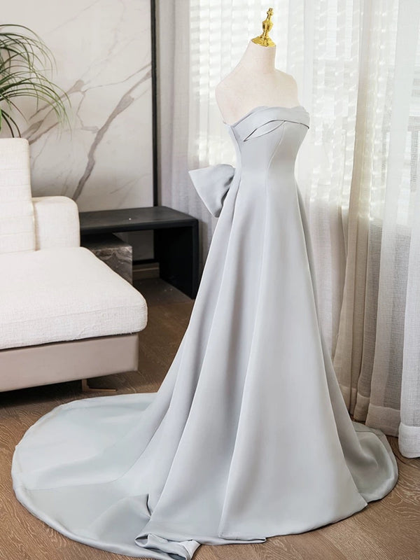 Strapless Gray Satin Long Prom Dresses, Gray Satin Long Formal Evening ...