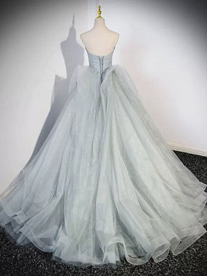 Strapless Gray Tulle Long Prom Dresses, Gray Tulle Long Formal Evening Dresses