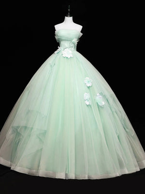 Strapless Green Tulle Floral Long Prom Dresses, Green Floral Tulle Formal Dresses