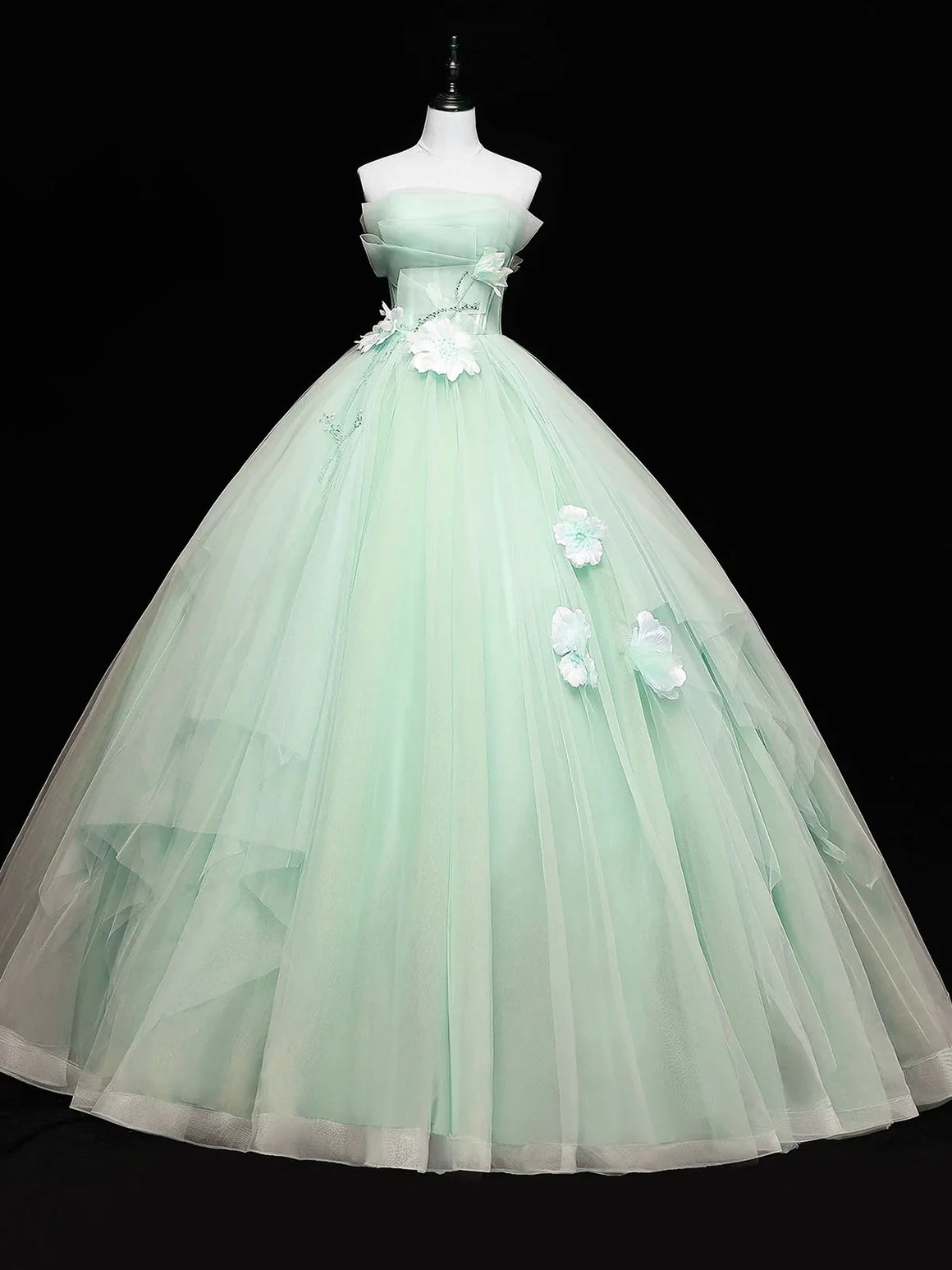Strapless Green Tulle Floral Long Prom Dresses, Green Floral Tulle Formal Dresses