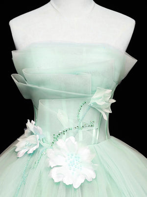 Strapless Green Tulle Floral Long Prom Dresses, Green Floral Tulle Formal Dresses