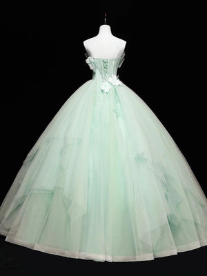 Strapless Green Tulle Floral Long Prom Dresses, Green Floral Tulle Formal Dresses