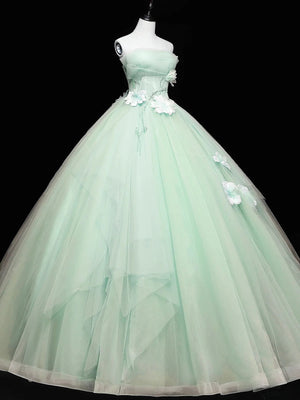 Strapless Green Tulle Floral Long Prom Dresses, Green Floral Tulle Formal Dresses