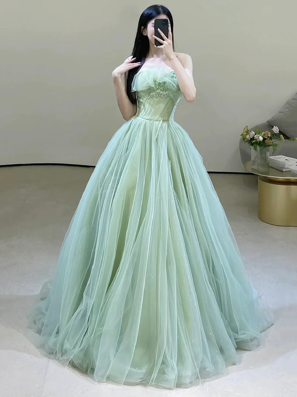 Strapless Green Tulle Long Prom Dresses, Green Tulle Long Formal Eveni - shegown Strapless Green Tulle Long Prom Dresses, Green Tulle Long Formal Eveni - shegown