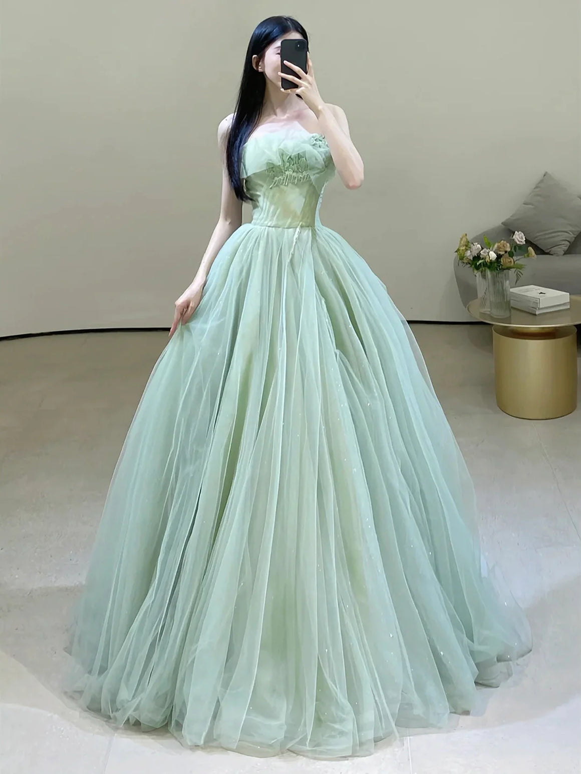 Strapless Green Tulle Long Prom Dresses, Green Tulle Long Formal Evening Dresses