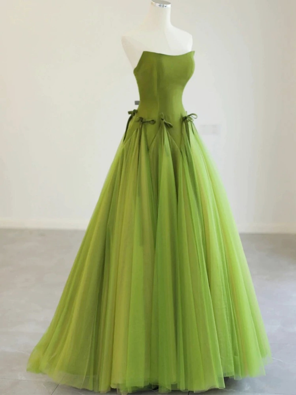 Strapless Green Tulle Satin Long Prom Dresses, Green Satin Tulle Long Formal Evening Dresses