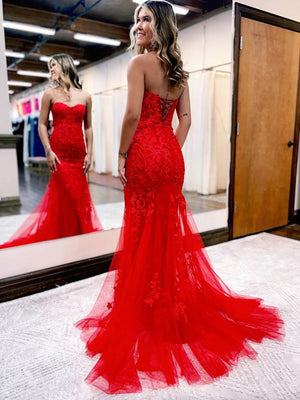 Strapless Mermaid Red Lace Long Prom Dresses, Mermaid Red Formal Dresses, Red Lace Evening Dresses