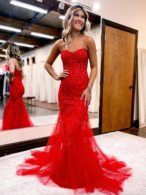 Strapless Mermaid Red Lace Long Prom Dresses, Mermaid Red Formal Dresses, Red Lace Evening Dresses