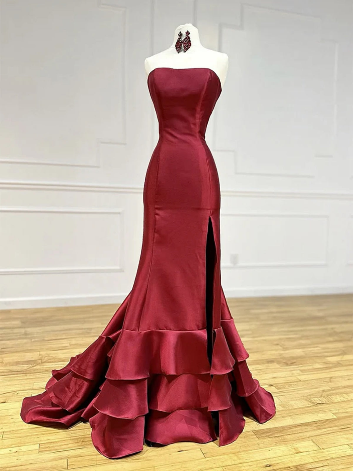 Strapless Mermaid Satin Long Prom Dresses, Burgundy Mermaid Long Forma - shegown Strapless Mermaid Satin Long Prom Dresses, Burgundy Mermaid Long Forma - shegown