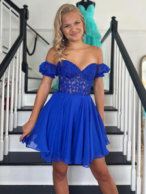 Strapless Off Shoulder Blue Lace Prom Dresses, Short Blue Lace Homecoming Dresses, Blue Chiffon Formal Graduation Evening Dresses