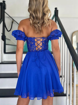 Strapless Off Shoulder Blue Lace Prom Dresses, Short Blue Lace Homecoming Dresses, Blue Chiffon Formal Graduation Evening Dresses