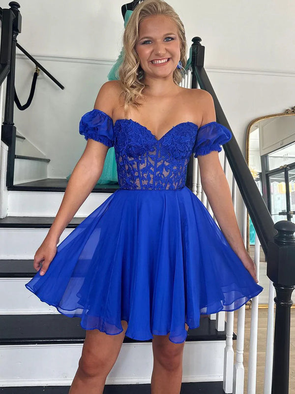 Strapless Off Shoulder Blue Lace Prom Dresses, Short Blue Lace Homecom
