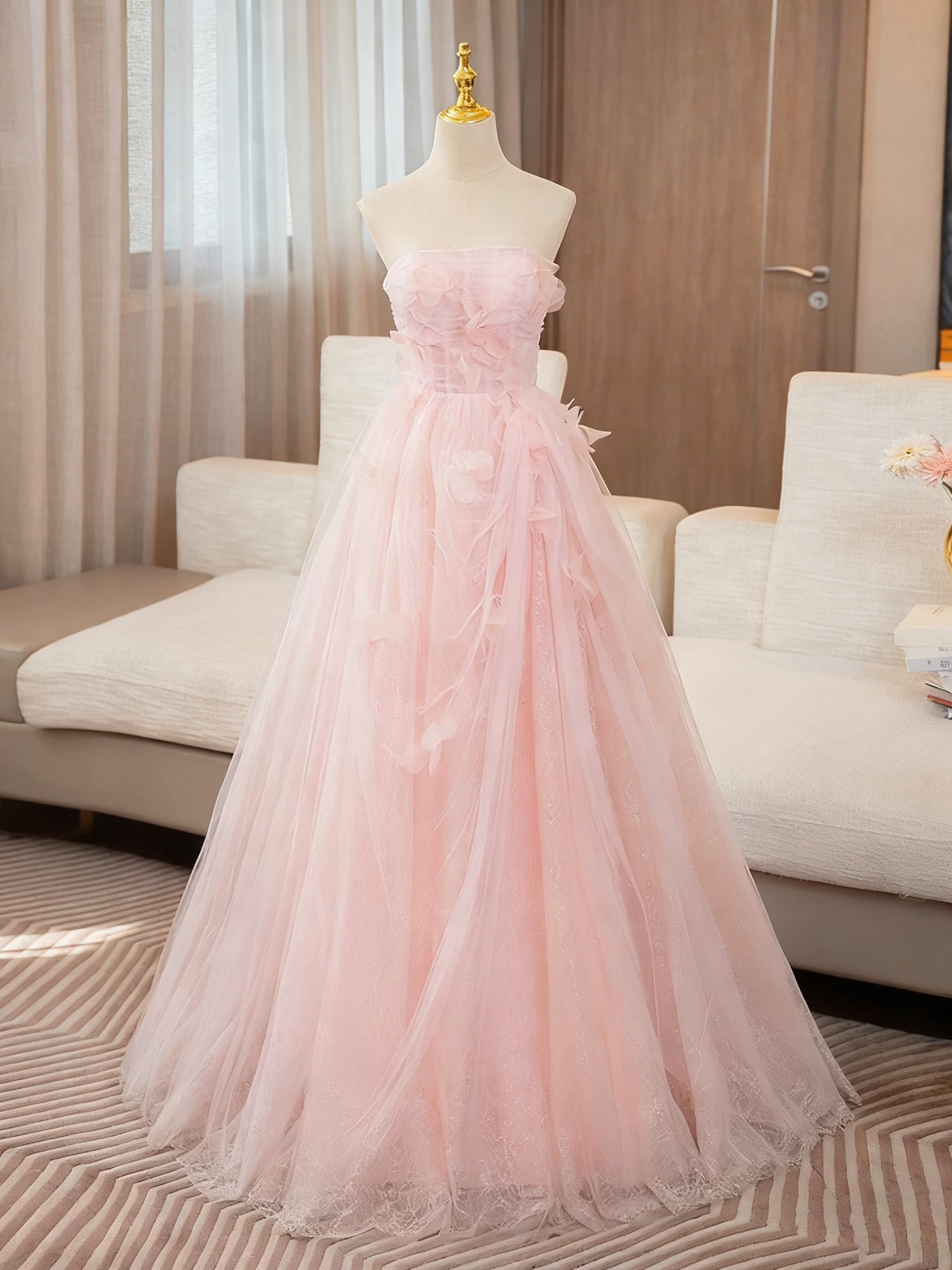 Strapless Pink Floral Long Prom Dresses, Pink Floral Long Formal Evening Dresses