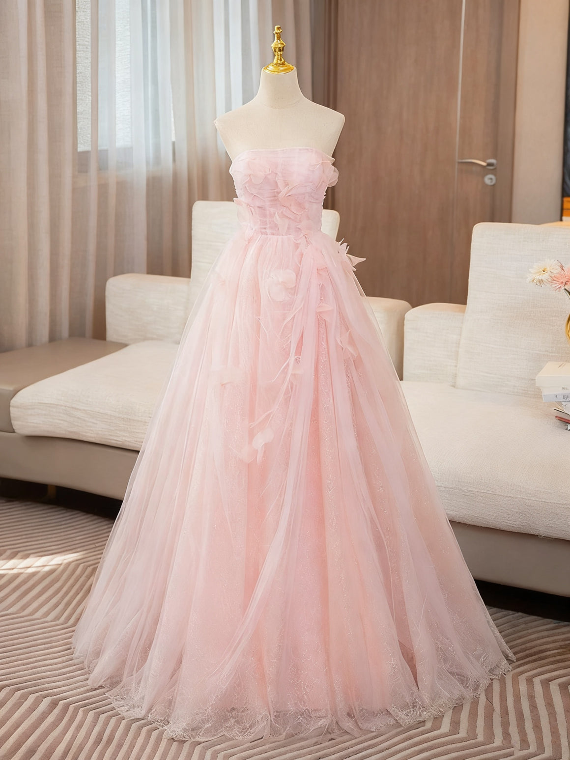 Strapless Pink Floral Long Prom Dresses, Pink Floral Long Formal Evening Dresses