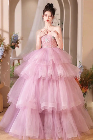 Strapless Pink Layered Tulle Long Prom Dresses with Appliques, Pink Tulle Formal Evening Dresses