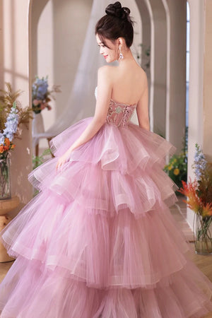 Strapless Pink Layered Tulle Long Prom Dresses with Appliques, Pink Tulle Formal Evening Dresses