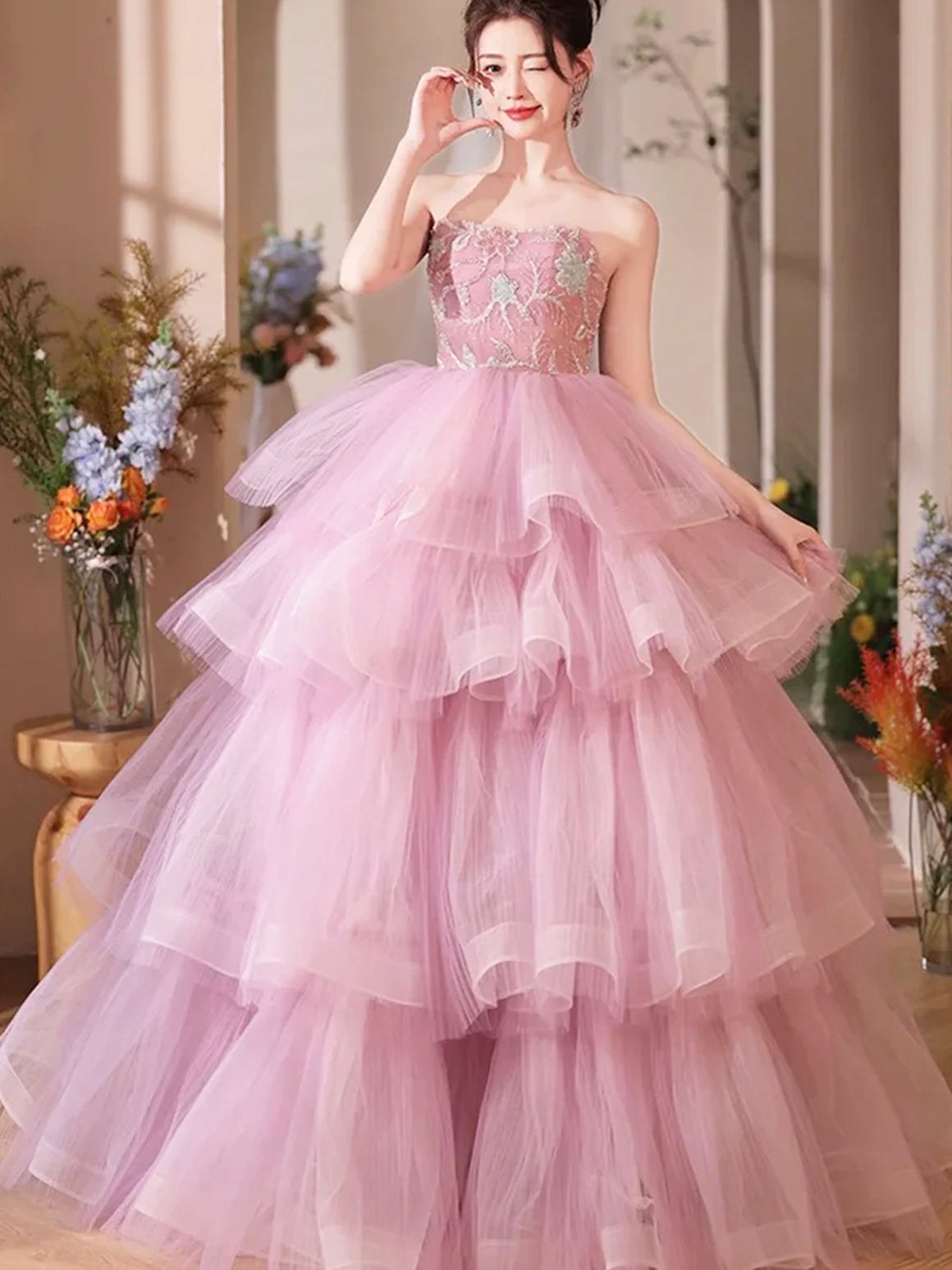 Strapless Pink Layered Tulle Long Prom Dresses with Appliques, Pink Tulle Formal Evening Dresses