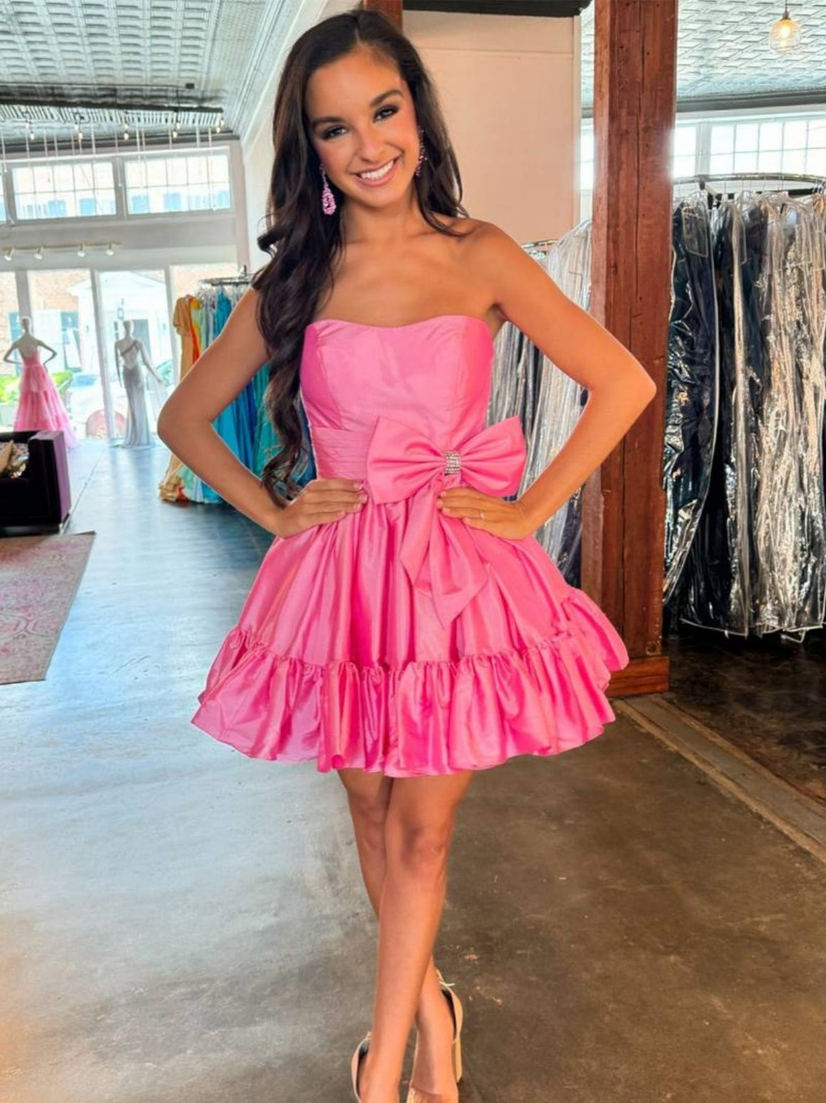 Strapless Pink Red Green Taffeta A-line Short Party Dress with Bow, Short A Line Formal Homecoming Dresses