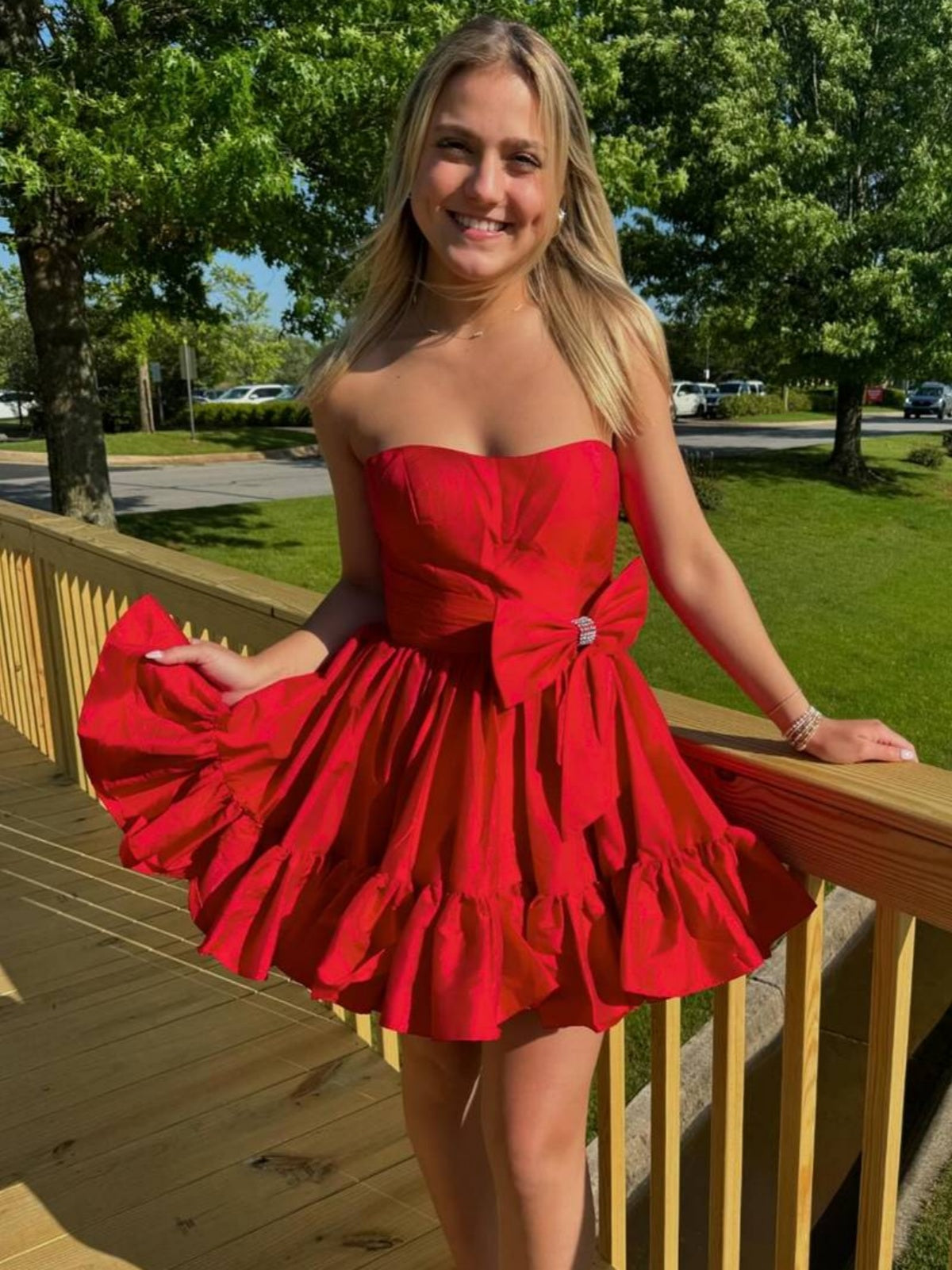 Strapless Pink Red Green Taffeta A-line Short Prom Dress with Bow, Sho - shegown Strapless Pink Red Green Taffeta A-line Short Prom Dress with Bow, Sho - shegown