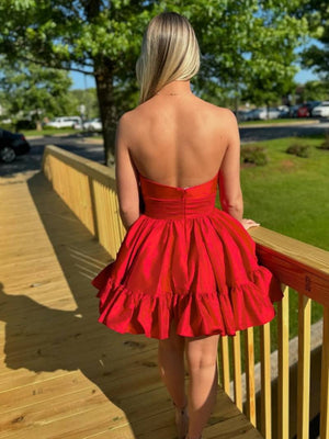 Strapless Pink Red Green Taffeta A-line Short Party Dress with Bow, Short A Line Formal Homecoming Dresses