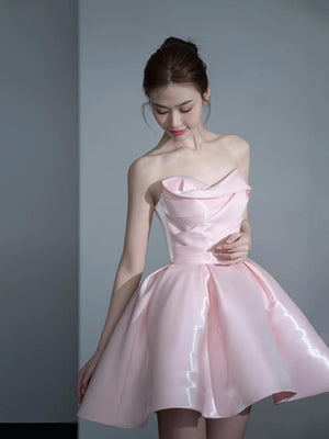 Strapless Pink Satin Prom Dresses, Strapless Short Pink Satin Formal Homecoming Dresses