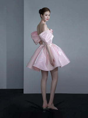 Strapless Pink Satin Prom Dresses, Strapless Short Pink Satin Formal Homecoming Dresses