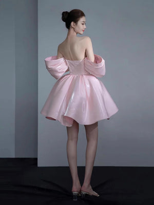 Strapless Pink Satin Prom Dresses, Strapless Short Pink Satin Formal Homecoming Dresses
