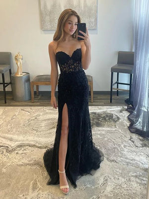 Strapless Red Blue Black Purple Lace Mermaid Long Prom Dresses, Mermaid Long Lace Formal Dresses