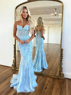 Strapless Red Blue Black Purple Lace Mermaid Long Prom Dresses, Mermaid Long Lace Formal Dresses