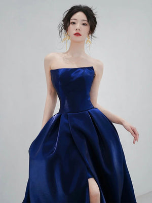 Strapless Royal Blue Long Prom Dresses with High Split, Long Royal Blue Formal Graduation Evening Dresses