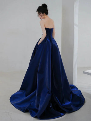 Strapless Royal Blue Long Prom Dresses with High Split, Long Royal Blue Formal Graduation Evening Dresses
