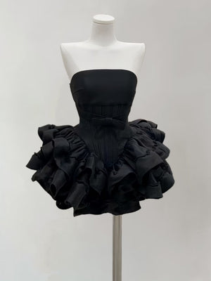 Strapless Short Black Puffy Satin Prom Dresses, Short Black Satin Formal Homecoming Dresses