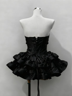 Strapless Short Black Puffy Satin Prom Dresses, Short Black Satin Formal Homecoming Dresses