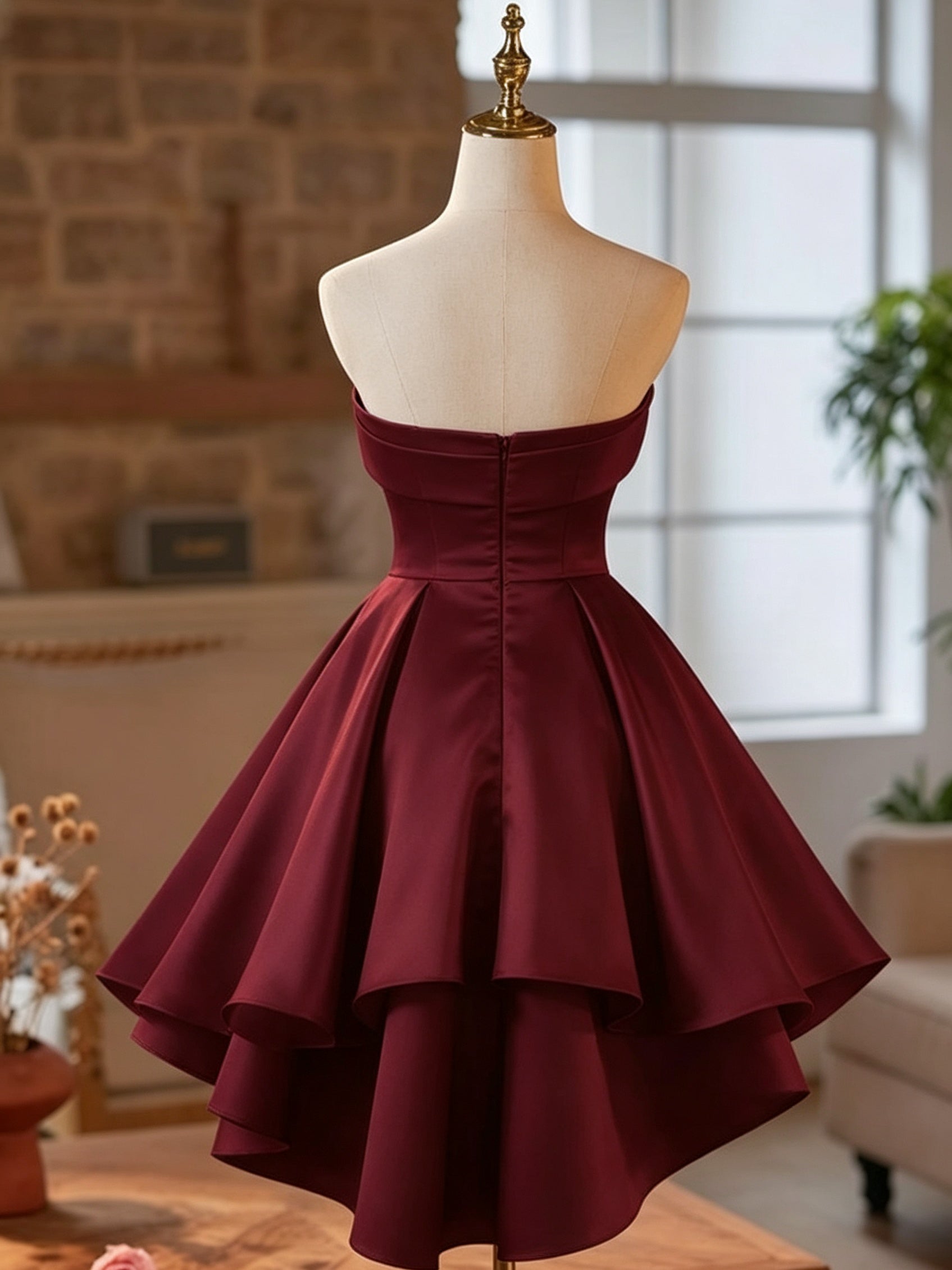 Strapless Short Burguny White High Low Prom Dresses, Wine Red White Sh