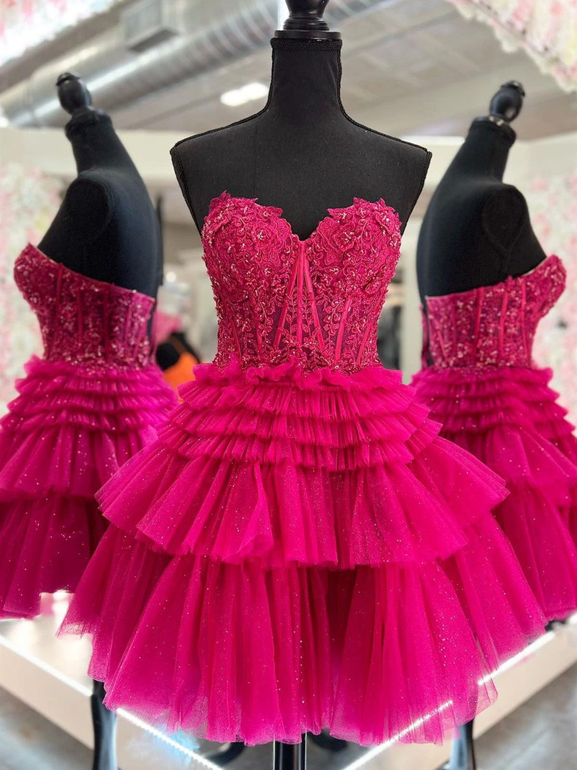 Strapless Short Fuchsia Black Pink Lace Prom Dresses, Short Lace Formal Homecoming Dresses
