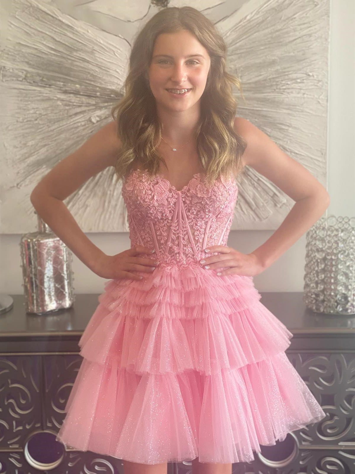 Strapless Pink Lace Short Prom Dresses, Pink Lace Homecoming