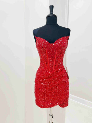 Strapless Short Red Prom Dresses, Shiny Short Red Formal Homecoming Dresses
