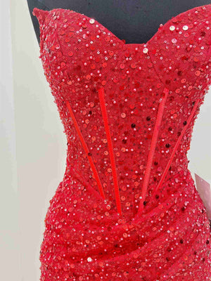 Strapless Short Red Prom Dresses, Shiny Short Red Formal Homecoming Dresses