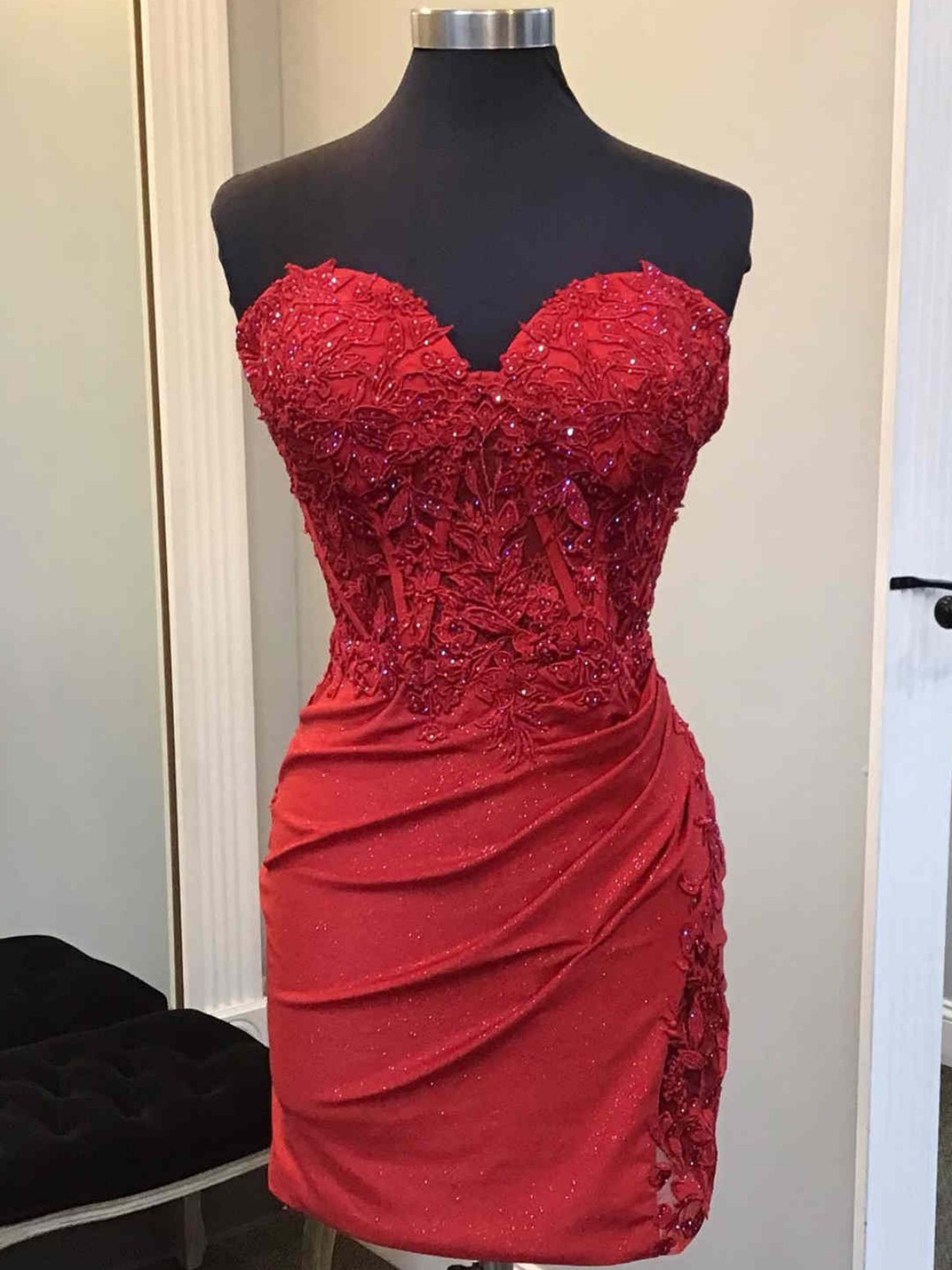 Strapless Short Red Purple Lace Prom Dresses, Short Tight Red Purple Formal Homecoming Dresses
