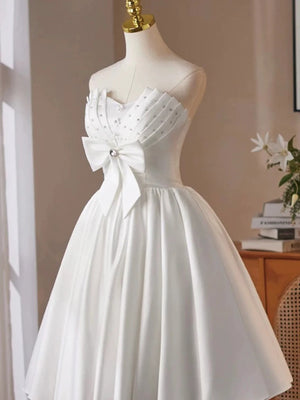 Strapless Short White Prom Dresses, Short White Beaded Formal Homecoming Dresses