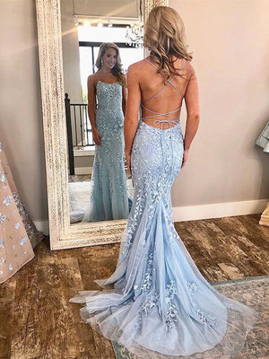 Strapless Sky Blue Lace Mermaid Long Prom Dresses, Blue Lace Mermaid Formal Graduation Dresses