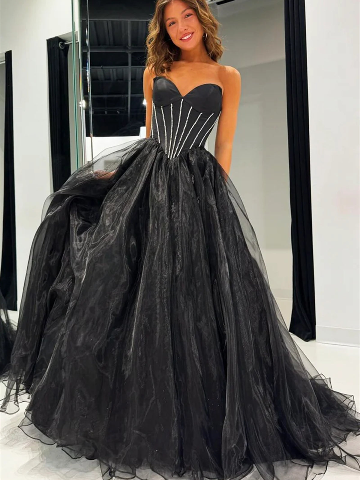 Strapless Sweetheart Neck Black Tulle Long Prom Dresses, Long Black Fo - shegown Strapless Sweetheart Neck Black Tulle Long Prom Dresses, Long Black Fo - shegown