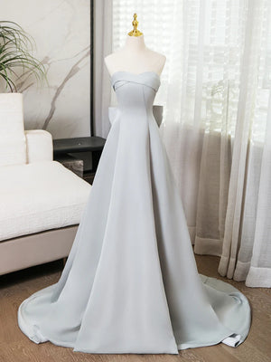 Strapless Sweetheart Neck Silver Gray Satin Long Prom Dresses, Gray Satin Long Formal Evening Dresses