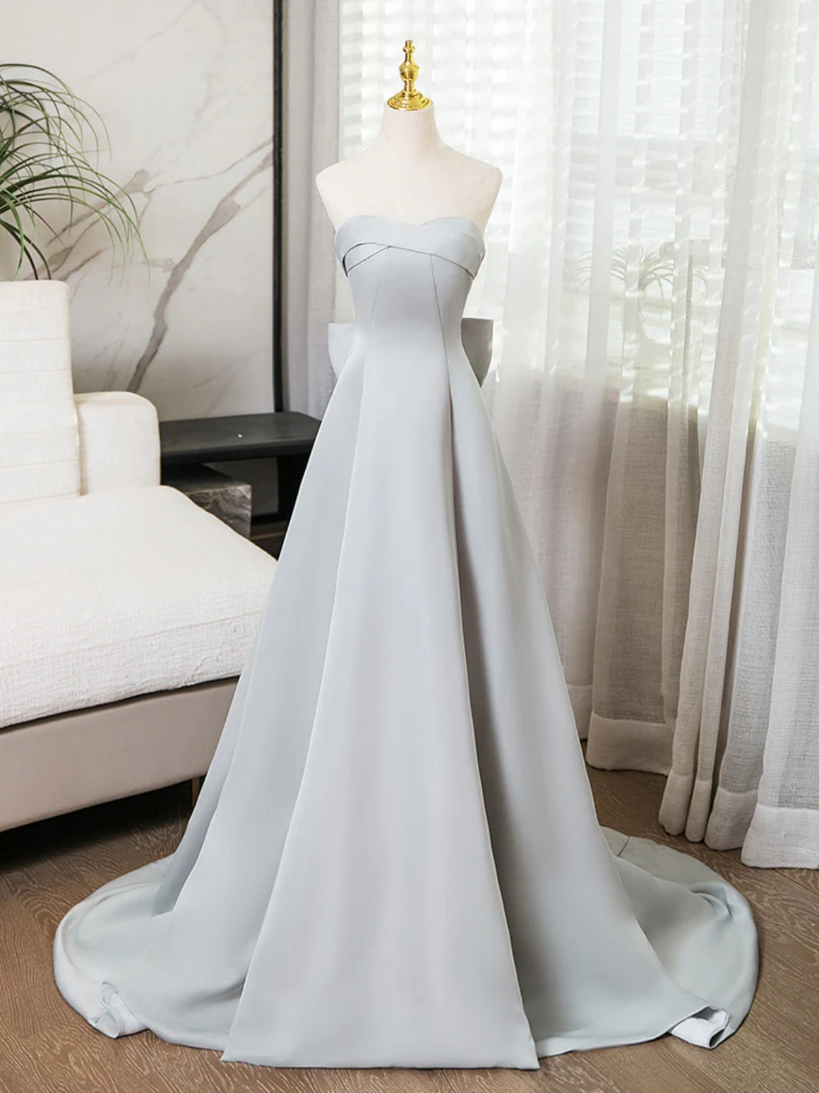 Strapless Sweetheart Neck Silver Gray Satin Long Prom Dresses, Gray Satin Long Formal Evening Dresses